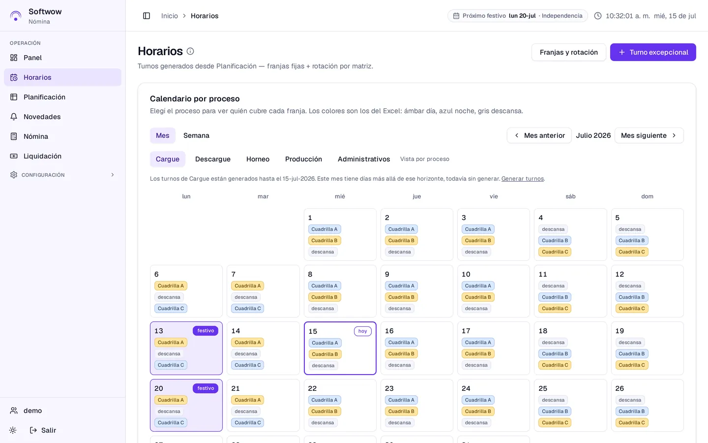 Calendario mensual por proceso, con las cuadrillas asignadas a cada día y los festivos resaltados.