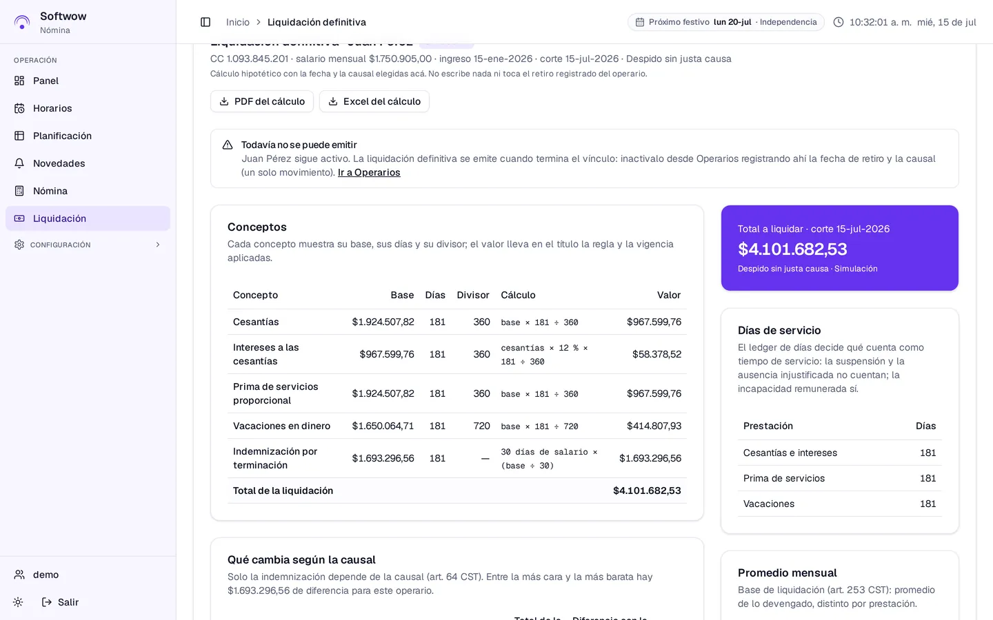 Liquidación definitiva de un operario, con cada concepto, su base y su fórmula.