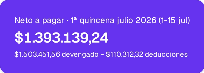 Tarjeta del neto a pagar de la quincena, con el devengado y las deducciones.